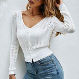     White-Womens-V-Neck-Solid-Ribbed-Button-Up-Cardigan-Knit-Long-Sleeve-Surplice-Top-Sweaters-T-Shirt-K315-Front