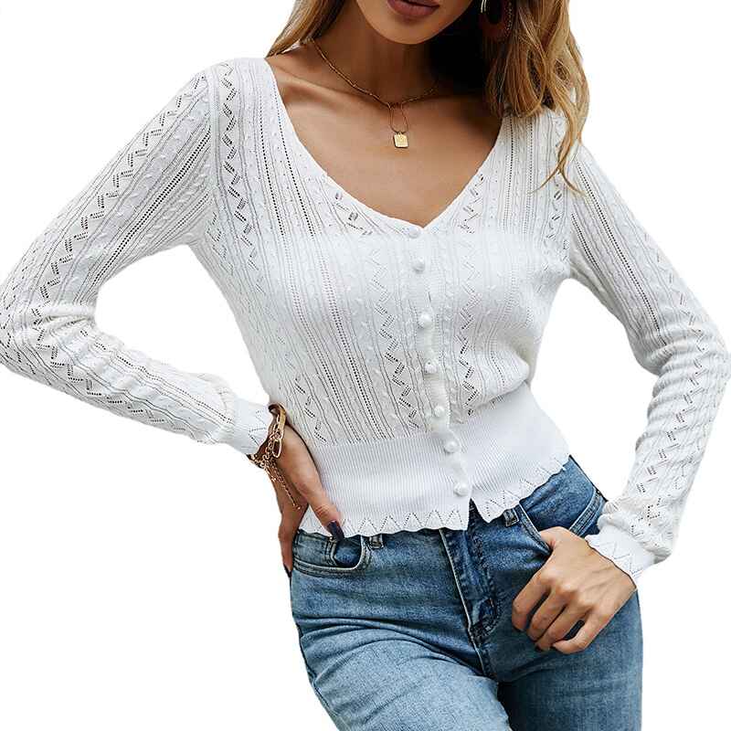    White-Womens-V-Neck-Solid-Ribbed-Button-Up-Cardigan-Knit-Long-Sleeve-Surplice-Top-Sweaters-T-Shirt-K315