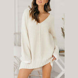 White-Womens-V-neck-long-sleeve-solid-color-loose-knitted-dress-K047