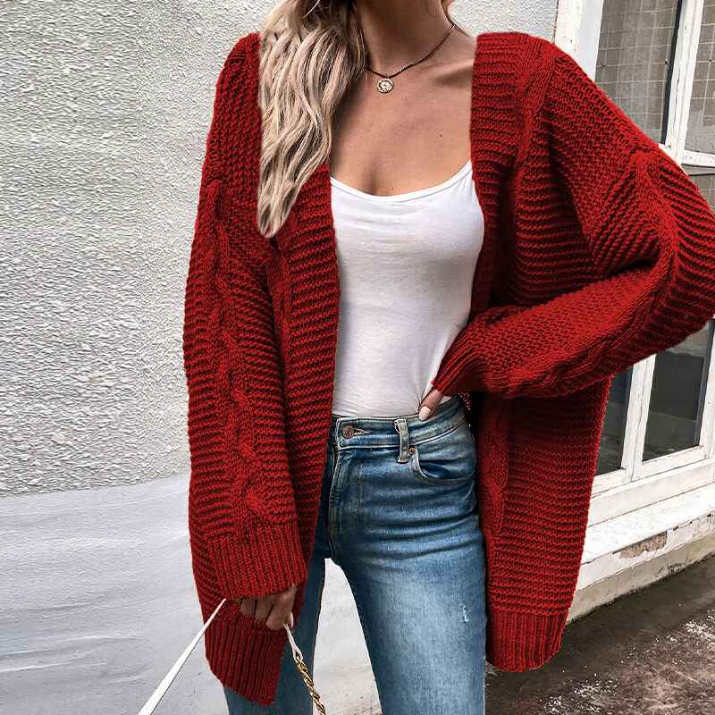 Wine-Red-Astylish-Womens-Open-Front-Long-Sleeve-Chunky-Knit-Cardigan-Sweaters-Loose-Outwear-Coat-K393