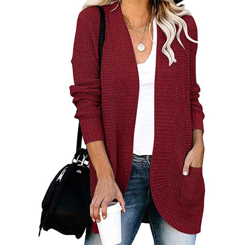     Wine-Red-FallWinterWomens-Open-Front-Long-Sleeve-Loose-Slouchy-Waffle-Chunky-Knit-Cardigan-Sweater-with-Pockets-K026