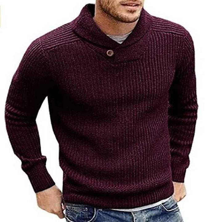 Wine-Red-Mens-Shawl-Collar-Pullover-Sweater-Slim-Fit-Casual-Button-Cable-Knit-Sweaters-G044