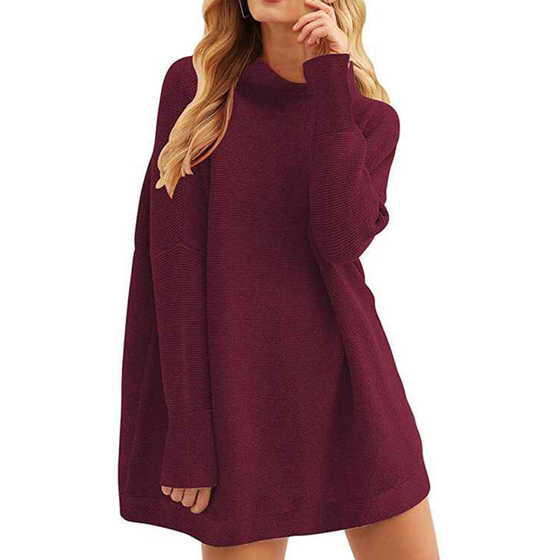 Wine-Red-Women-Polo-Neck-Long-Slim-Fitted-Dress-Bodycon-Turtleneck-Cable-Knit-Sweater-K021