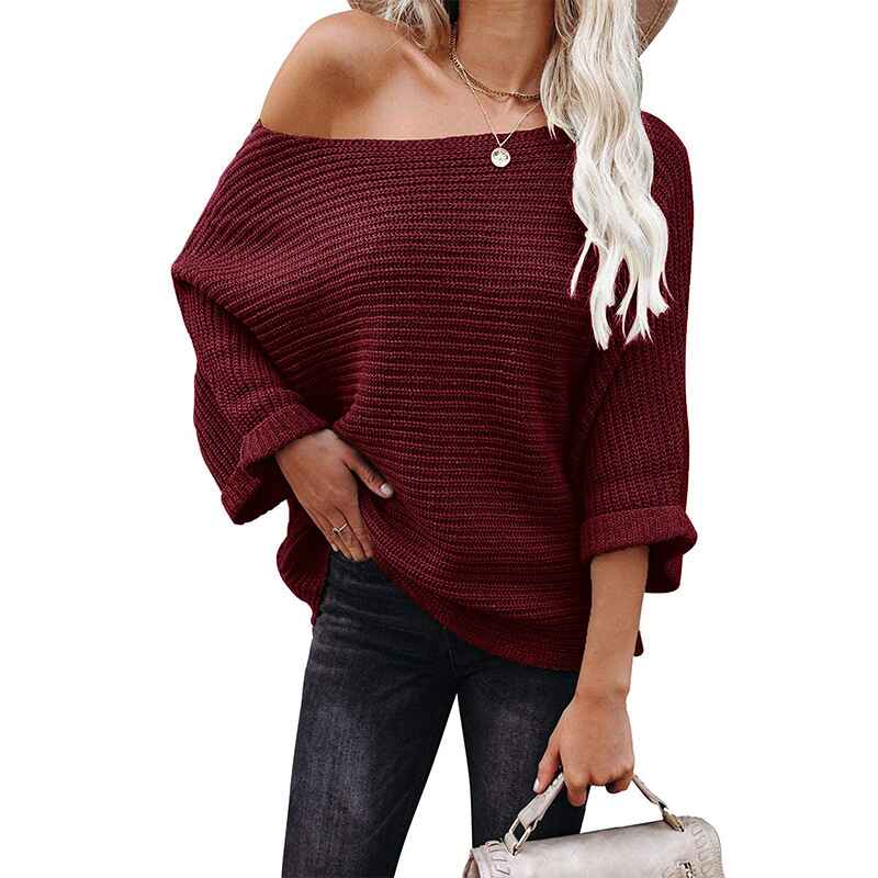 Wine-Red-Womens-Casual-Long-Sleeve-Sweaters-Crew-Neck-Solid-Color-Soft-Ribbed-Knitted-Oversized-Pullover-Loose-Fit-Jumper-K025