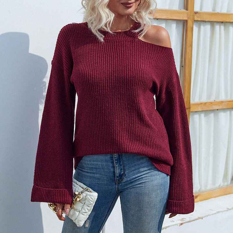 Wine-Red-Womens-Cold-Shoulder-Sweater-Fall-Long-Sleeve-Knit-Pullover-Tops-K231-Front