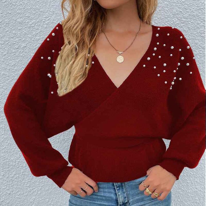 Wine-Red-Womens-Deep-V-Neck-Wrap-Sweaters-Long-Sleeve-Crochet-Knit-Pullover-Tops-K297