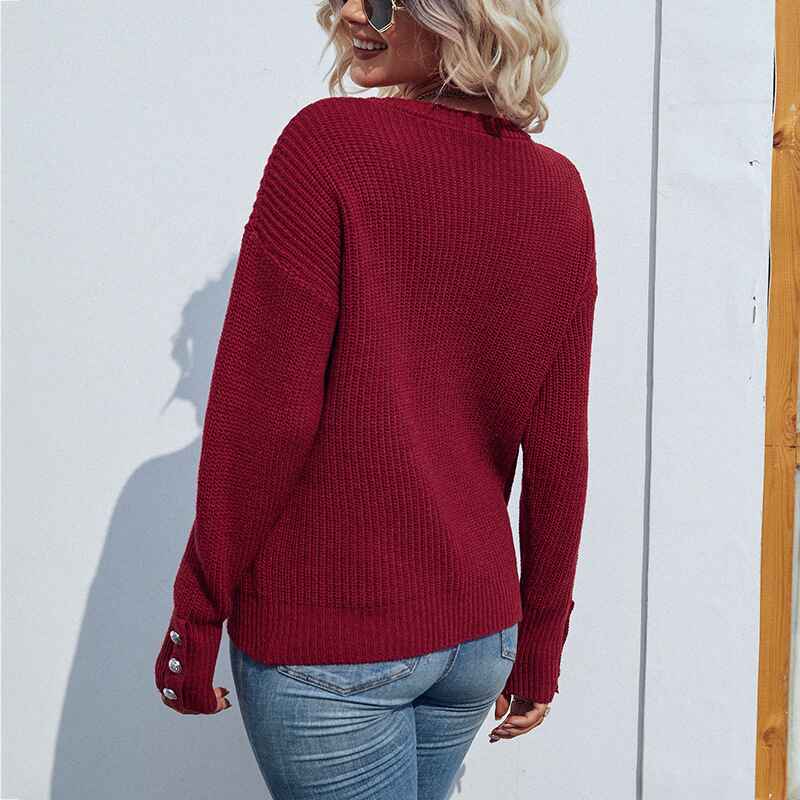 Wine-Red-Womens-Lightweight-Long-Sleeve-Crewneck-Knitted-Pullover-Sweater-K271-Back