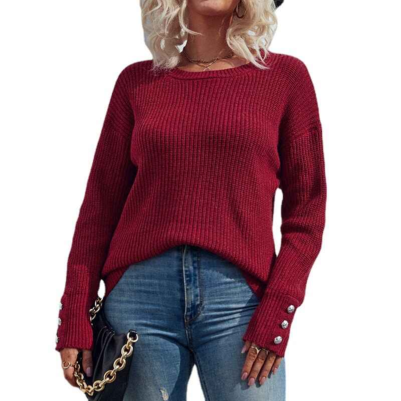 Wine-Red-Womens-Lightweight-Long-Sleeve-Crewneck-Knitted-Pullover-Sweater-K271