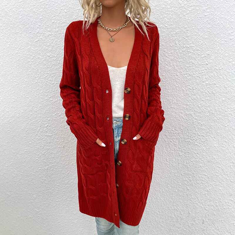 Wine-Red-Womens-Long-Sleeve-Cable-Knit-Button-Down-Midi-Long-Cardigan-Sweater-Open-Front-Chunky-Knitwear-Coat-with-Pockets-K075