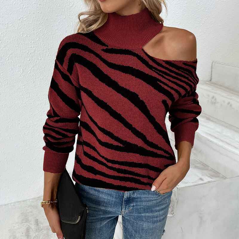 Wine-Red-Womens-Loose-Warm-Off-Shoulder-Turtleneck-Lightweight-Soft-Pullover-Cutout-Long-Sleeve-Jumper-Sweaters-K418