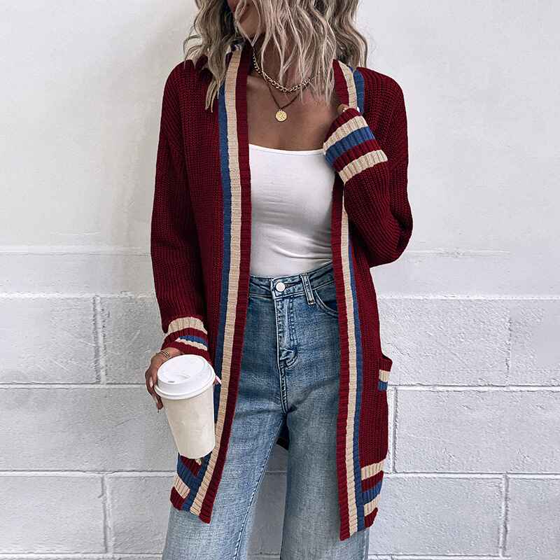 Wine-Red-Womens-Striped-Cardigan-Sweater-Open-Front-Button-Down-Cardigan-Coat-Outwear-with-Pockets-K410