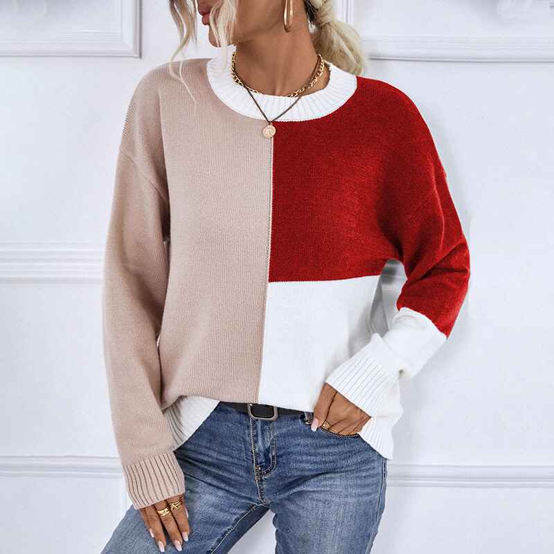 Wine-Red-Womens-Sweater-Long-Sleeve-Color-Block-Knit-Pullover-Sweaters-Crew-Neck-Patchwork-Casual-Loose-Jumper-Tops-K463