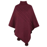 Wine-Red-Womens-Turtleneck-Poncho-Sweater-Cape-Knit-Pullover-Solid-Sweaters-K440