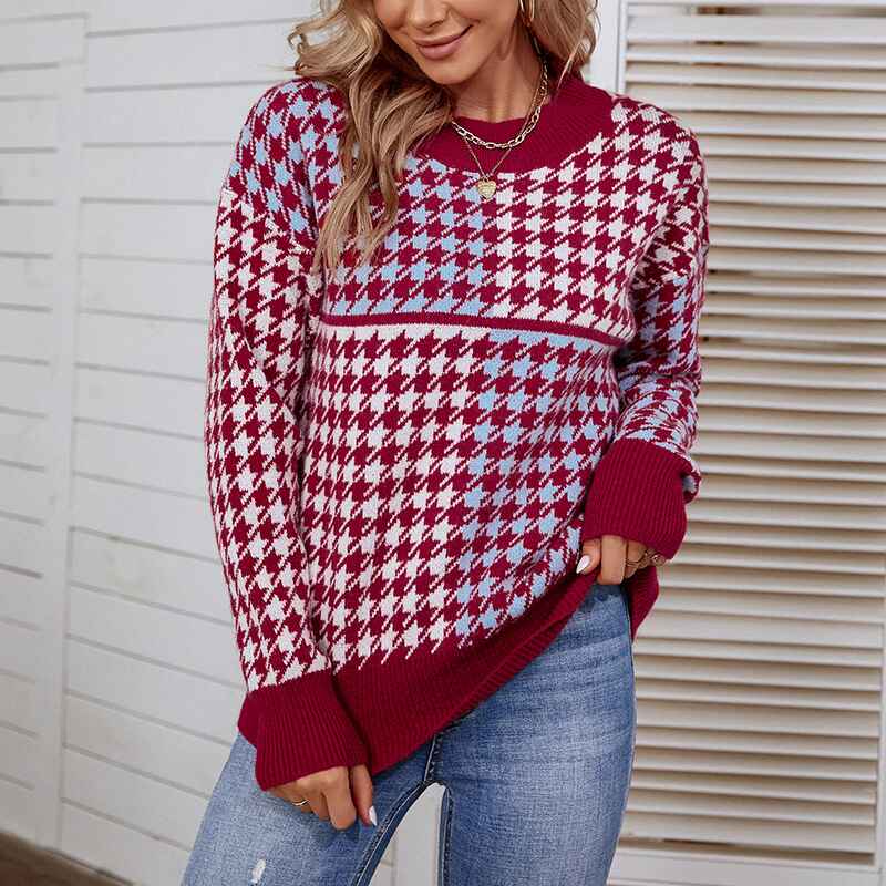     Wine-Red-Womens-Y2K-Patterned-Crew-Neck-Long-Sleeve-Sweater-Pullover-Jumper-Top-K491-Front