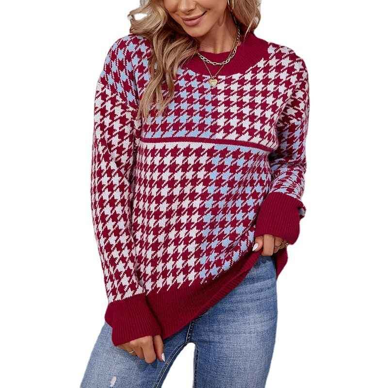 Wine-Red-Womens-Y2K-Patterned-Crew-Neck-Long-Sleeve-Sweater-Pullover-Jumper-Top-K491