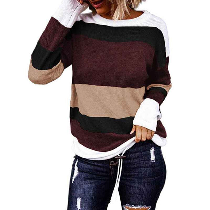    Wine-red-Womens-Leopard-Print-Color-Block-Tunic-Round-Neck-Long-Sleeve-Shirts-Striped-Causal-Blouses-Tops-K200-tops