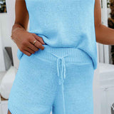 Women-2Piece-Outfits-Sweater-vest-Knit-Pajama-Set-Tops-Shorts-Suits-blue