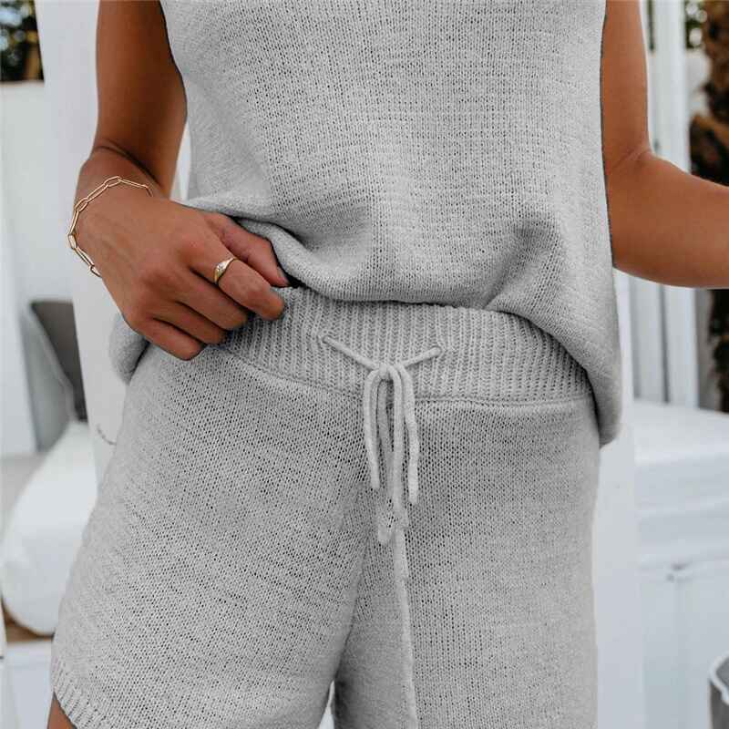 Women-2Piece-Outfits-Sweater-vest-Knit-Pajama-Set-Tops-Shorts-Suits-gray