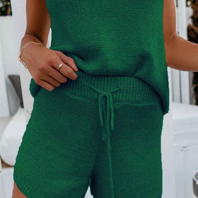 Women-2Piece-Outfits-Sweater-vest-Knit-Pajama-Set-Tops-Shorts-Suits-green