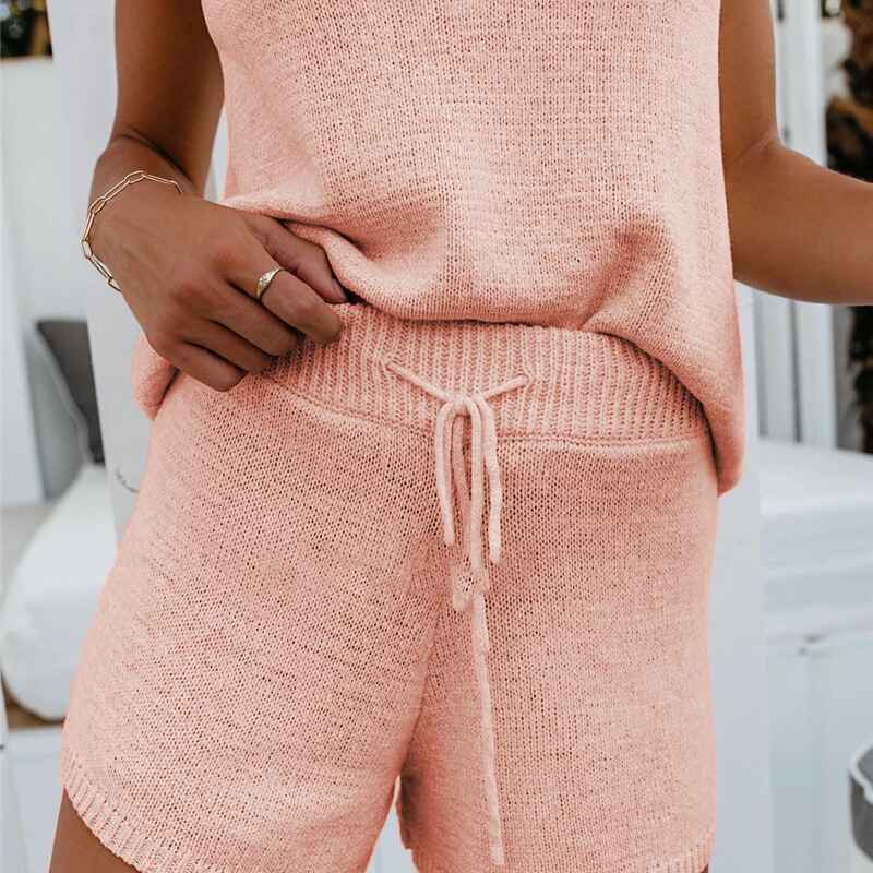 Women-2Piece-Outfits-Sweater-vest-Knit-Pajama-Set-Tops-Shorts-Suits-pink