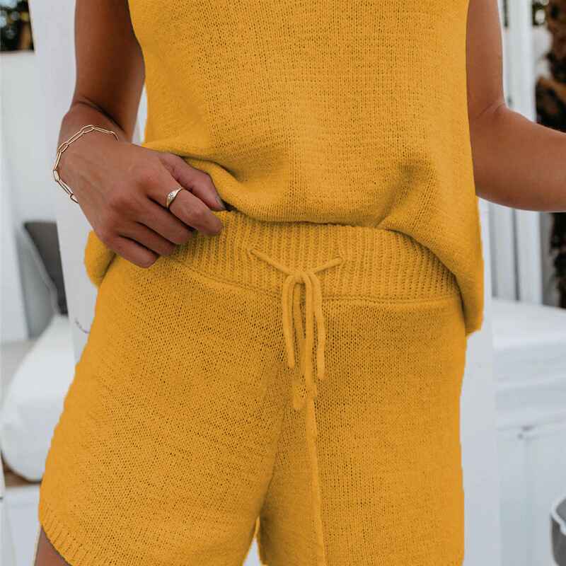 Women-2Piece-Outfits-Sweater-vest-Knit-Pajama-Set-Tops-Shorts-Suits-yellow