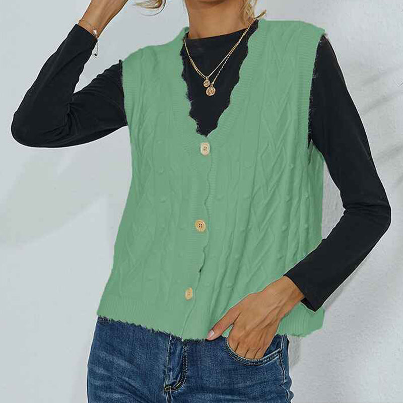     Women-Cable-Knit-Sweater-Vest-Button-Down-Sleeveless-Classic-Cardigan-Vests-green