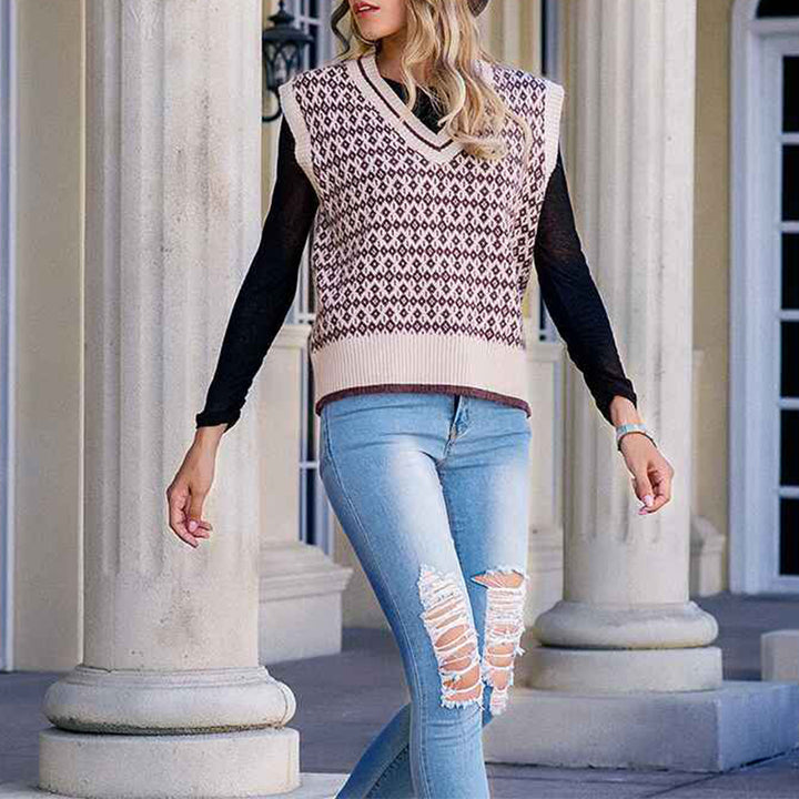 Women_s-VNeck-Plaid-Print-Sweater-Vest-Sleeveless-Rib-Knit-Crop-Tank-Tops-front
