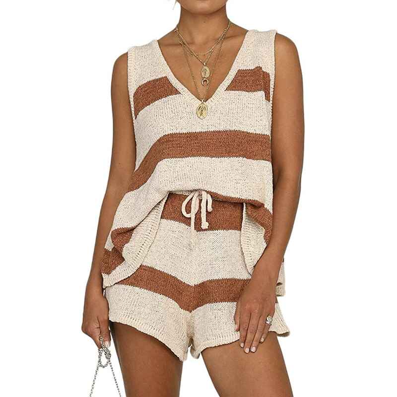    Womens-2Piece-Outfits-Sweater-Sets-Off-Shoulder-Knit-Tops-Waist-Short-Suits-Casual-Pajama-Set-khaki-front