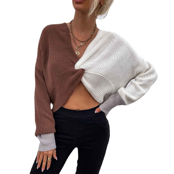 Womens-Cold-Shoulder-Sweater-Twist-Knot-Backless-V-Neck-Straps-Sexy-Knit-Pullover-Jumper-Crop-Tops-K367
