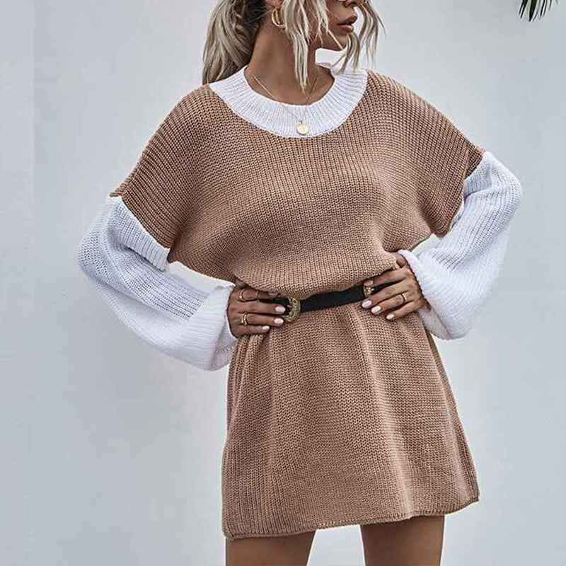 Womens-Colorblock-Long-Sleeve-Sweater-Dress-Crew-Neck-Drop-Shoulder-Mini-Dresses-K360
