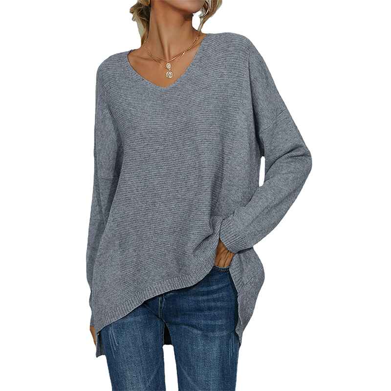 Womens-Cotton-Shaker-Stitch-Deep-V-Neck-Sweater-K321