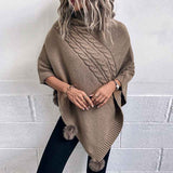 Womens-Turtleneck-Poncho-Sweater-Cape-Knit-Pullover-Solid-Sweaters-K440
