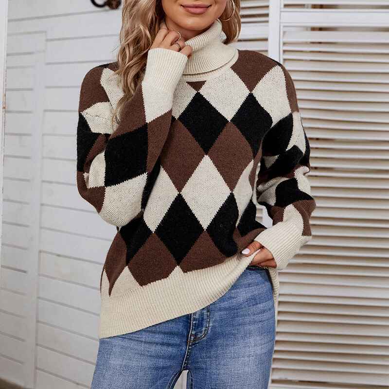 Womens-Turtleneck-Sweaters-Houndstooth-Pattern-Knit-Sweater-Fall-Winter-Soft-Long-Sleeve-Pullover-Tops-Sweater-K460-Front