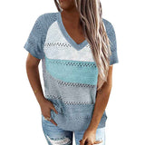 Womens-V-Neck-Short-Sleeve-Sweaters-Color-Block-Knit-Pullover-Tops-Fall-Lightweight-Crochet-Tshirts-blue