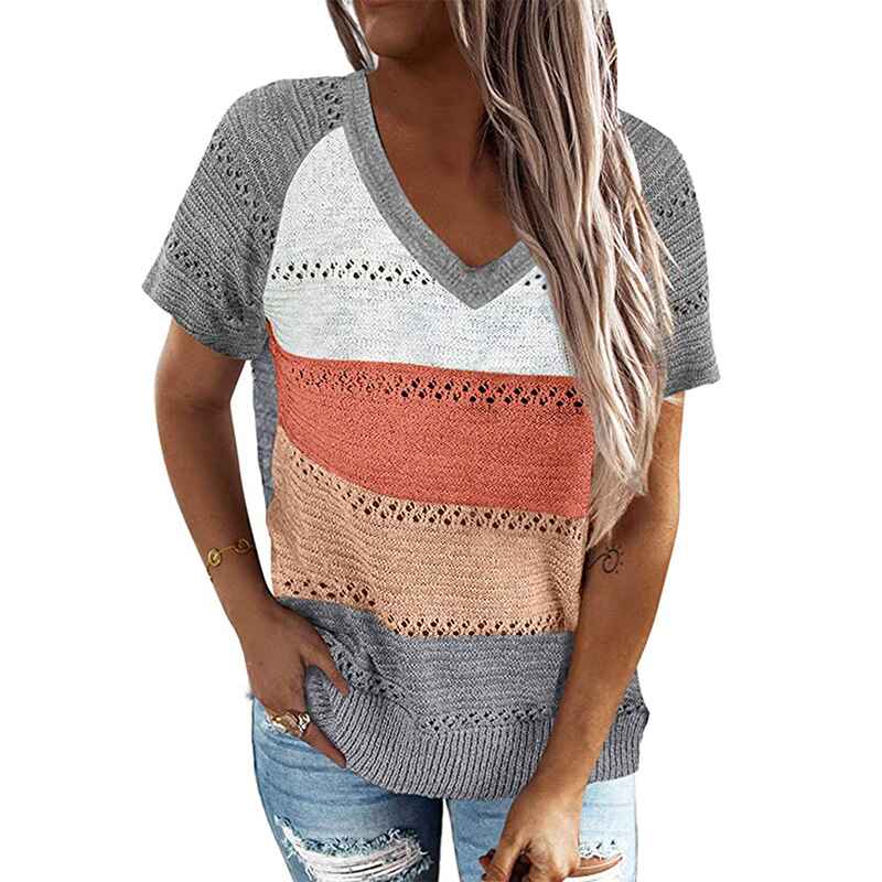 Womens-V-Neck-Short-Sleeve-Sweaters-Color-Block-Knit-Pullover-Tops-Fall-Lightweight-Crochet-Tshirts-gray