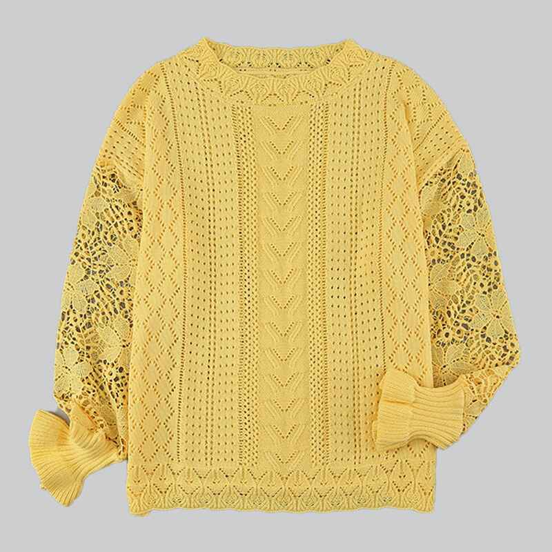 Yellow-Long-Sleeve-Hollow-Out-Sweater-Casual-Cute-Crochet-Lace-Pointelle-Knit-Pullover-Crew-Neck-Loose-Blouses-for-Women-K126