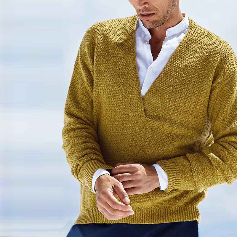 Yellow-Mens-Knit-V-Neck-Sweater-Cashmere-Wool-Long-Sleeve-Classic-Pullover-G018