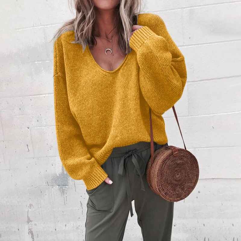 Yellow-Sweaters-for-Women-Long-Sleeve-V-Neck-Solid-Color-Fashion-Tops-K007