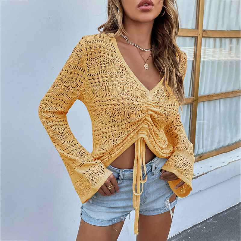 Yellow-Womens-Boho-Off-Shoulder-Sheer-Crop-Tops-Bell-Sleeve-Flowy-Oversized-Crochet-Ruched-Pullover-Sweaters-K215