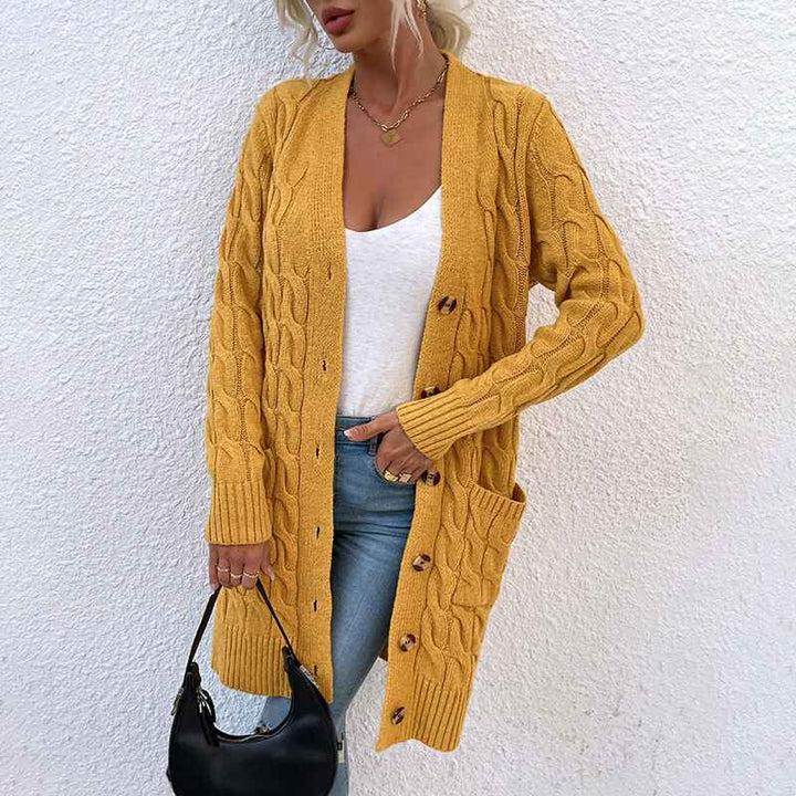 Yellow-Womens-Cable-Knit-Open-Front-Long-Sleeve-Cardigan-Sweater-with-Pocket-K078