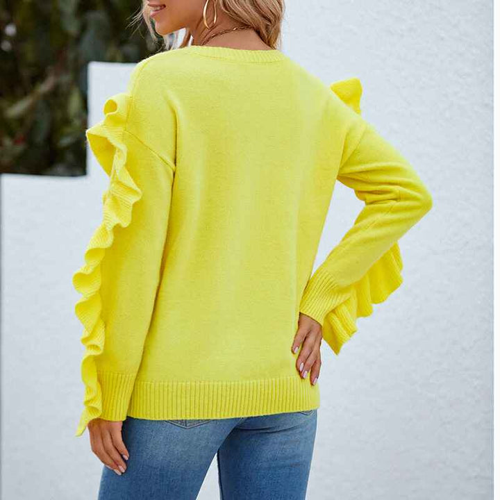 Yellow-Womens-Crew-Neck-Long-Sleeve-Oversized-Sweaters-Casual-Solid-Color-Sweater-Ruffle-Knit-Pullover-Tops-K490-Back
