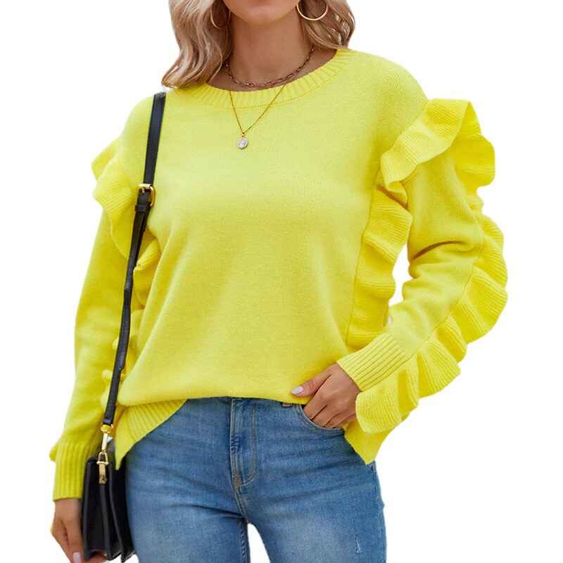 Yellow-Womens-Crew-Neck-Long-Sleeve-Oversized-Sweaters-Casual-Solid-Color-Sweater-Ruffle-Knit-Pullover-Tops-K490