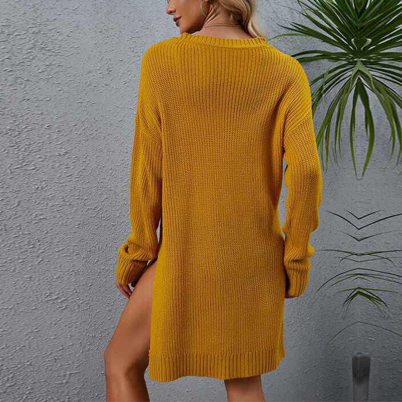 Yellow-Womens-Long-Sleeve-Ribbed-Sweater-Dress-Crew-Neck-Slim-Fit-Slit-Midi-Dress-K336-Back