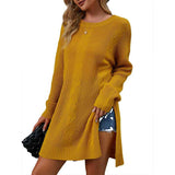 Yellow-Womens-Long-Sleeve-Ribbed-Sweater-Dress-Crew-Neck-Slim-Fit-Slit-Midi-Dress-K336-Side
