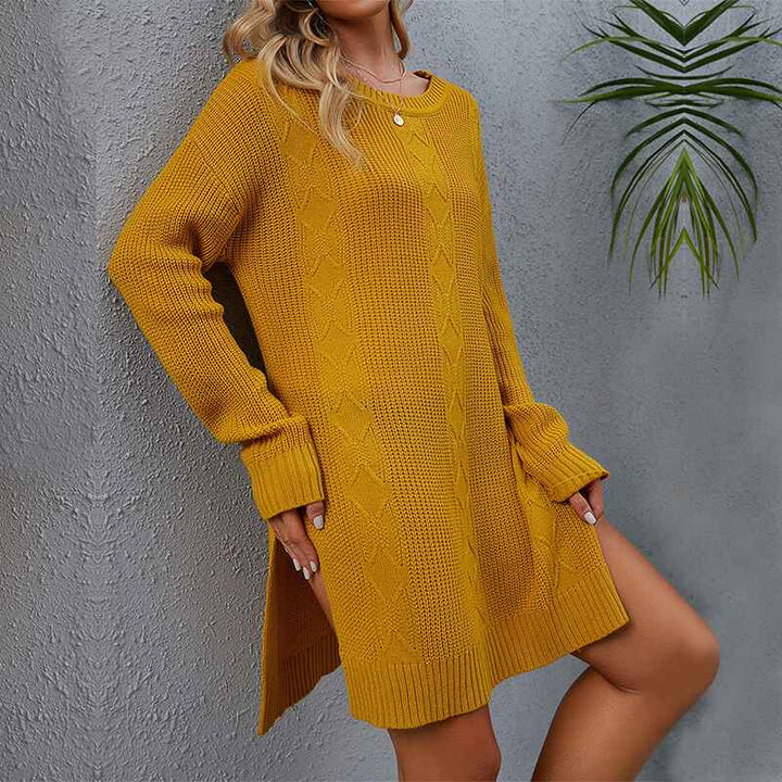     Yellow-Womens-Long-Sleeve-Ribbed-Sweater-Dress-Crew-Neck-Slim-Fit-Slit-Midi-Dress-K336
