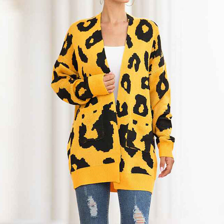 Yellow-Womens-Open-Front-Leopard-Knit-Cardigan-Sweaters-Pockets-Long-Sleeve-Outwear-K066-Front