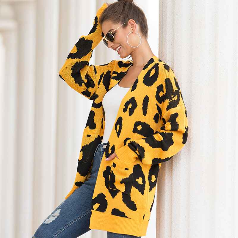 Yellow-Womens-Open-Front-Leopard-Knit-Cardigan-Sweaters-Pockets-Long-Sleeve-Outwear-K066-Side