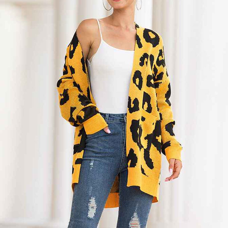     Yellow-Womens-Open-Front-Leopard-Knit-Cardigan-Sweaters-Pockets-Long-Sleeve-Outwear-K066