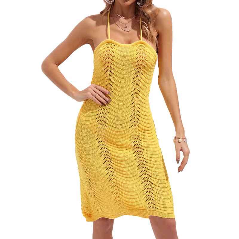 Yellow-Womens-Sleeveless-Drawstring-Side-Backless-Cover-Up-Beach-Dress-Front