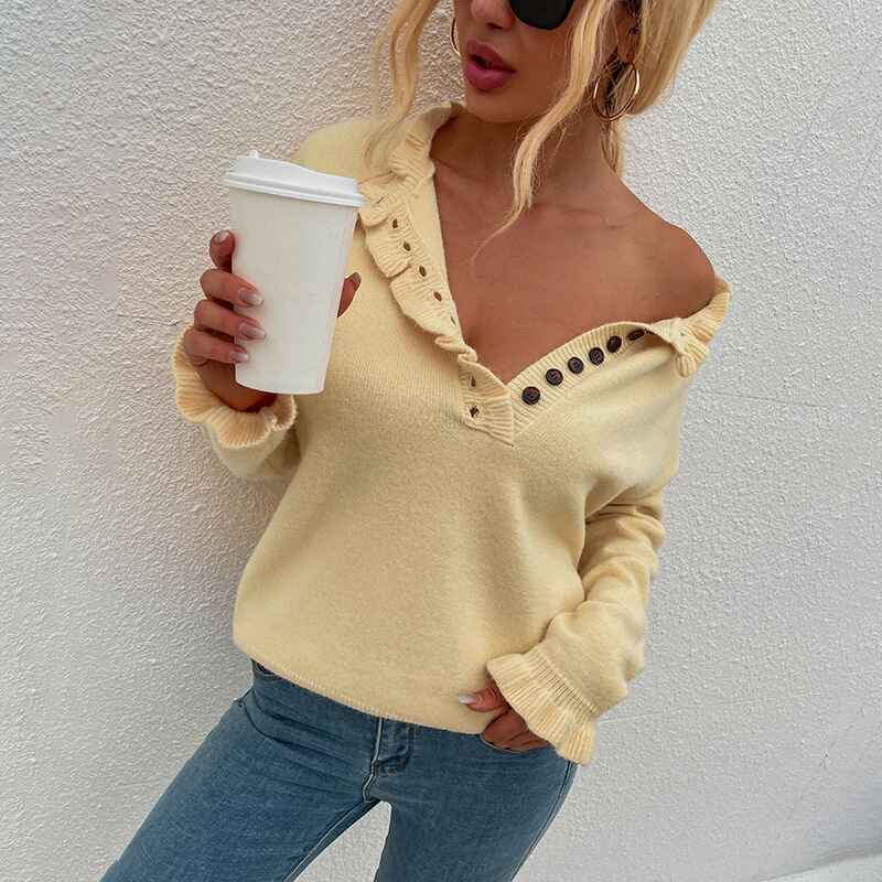 Yellow-Womens-Solid-Color-Long-Sleeve-Sweater-Round-Neck-Button-Ruffle-Pullover-Casual-Knit-Top-K261
